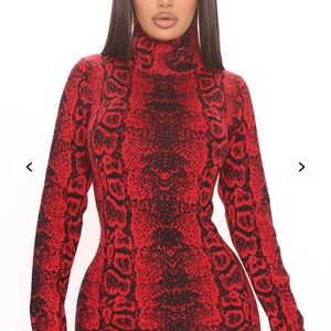 Red and Black Snake Print Turtleneck Dress